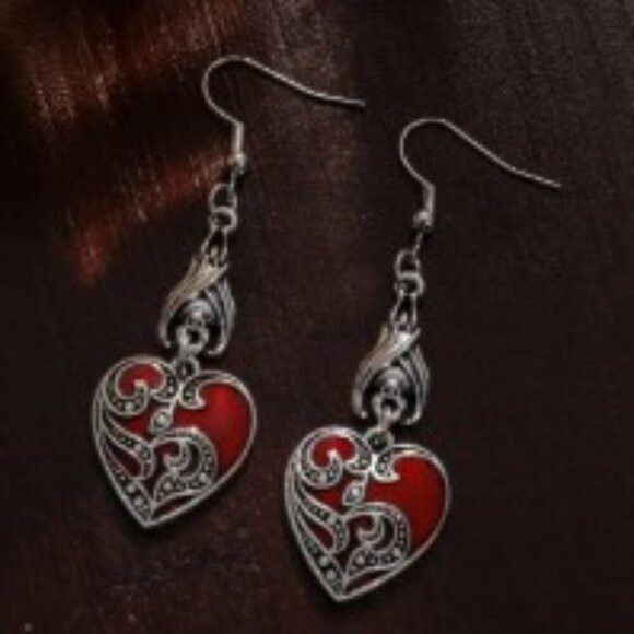 Gothic Heart Dangle Earrings Synthetic Red Glass, Silver-Plated Zinc Alloy, Stai - Picture 1 of 9